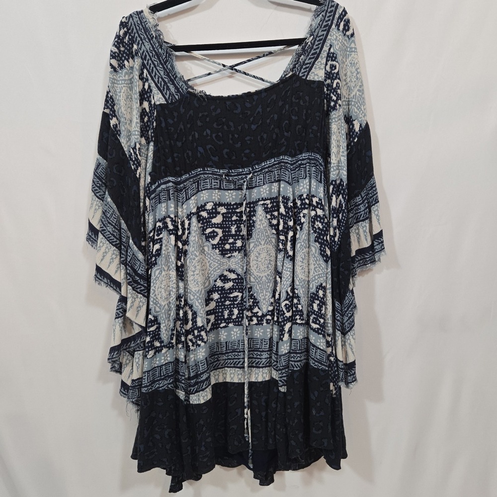Free People XS Blue Mixed Print Raw Edge Oversized Boho Tunic Dress